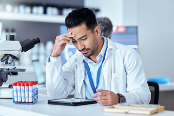 Lab scientist, tablet and worried man reading clinic news, announcement or bad healthcare report, mistake or research. Error, crisis and laboratory person stress from science, risk or experiment fail