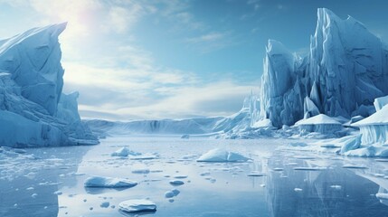 Fototapeta na wymiar Ice Icebergs And Snow-Covered Rocks Against The Sea 