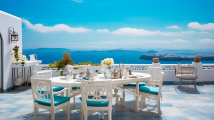 Fototapeta premium Served table in a stylish glamorous restaurant on the terrace overlooking the sea.