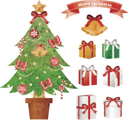 クリスマス　クリスマスツリー　プレゼント　セット　アナログタッチ　水彩　イラスト素材