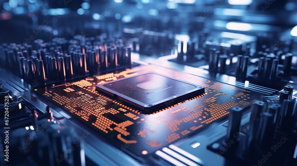 Poster Shot of Computer Processor Production Line at Advanced Semiconductor Foundry in Bright Environment. Microchip Factory. : Generative AI