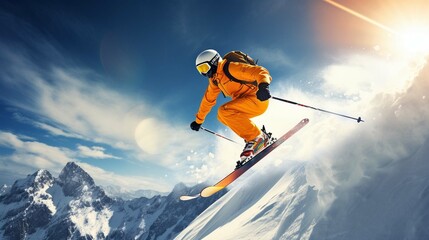 skier jumping in the snow mountains on the slope with his ski and professional equipment 