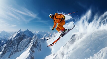 skier jumping in the snow mountains on the slope with his ski and professional equipment  - Powered by Adobe