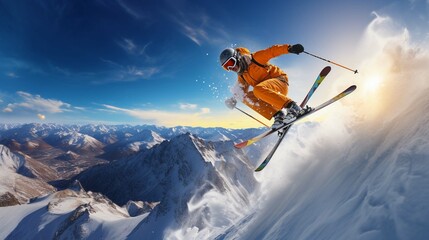 skier jumping in the snow mountains on the slope with his ski and professional equipment  - obrazy, fototapety, plakaty