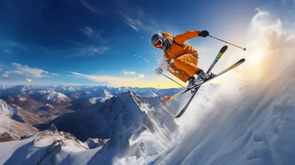 Fotobehang skier jumping in the snow mountains on the slope with his ski and professional equipment  © Ahtesham