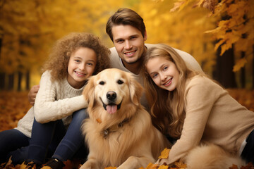 Happy Family and Pet Dog Autumn