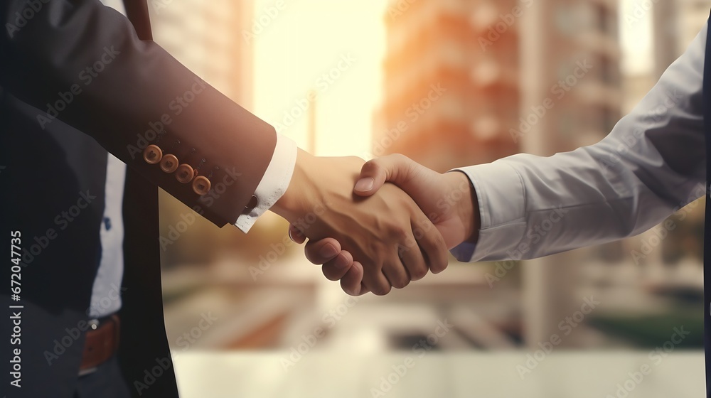 Aufkleber young engineer caucasian man handshake with partner while negotiation about agreement success togeth