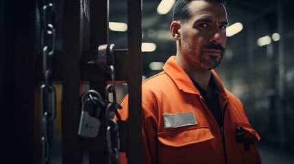 Close up male warehouse worker with padlock at gate : Generative AI