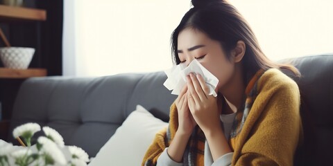 Sick young Asian woman sitting on couch blowing her nose on a tissue conceptual of healthcare, seasonal flu, allergic rhinitis or allergy reaction in hay fever. Closeup, copy space : Generative AI - obrazy, fototapety, plakaty