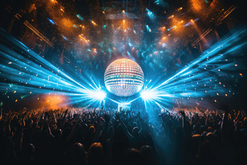 Party in concert stage with disco ball of the disco era