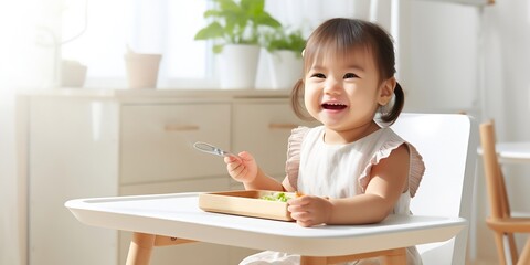 Asian cute little girl holding fork and trying to eat food sitting on the white high chair in the morning at home with copy space. : Generative AI