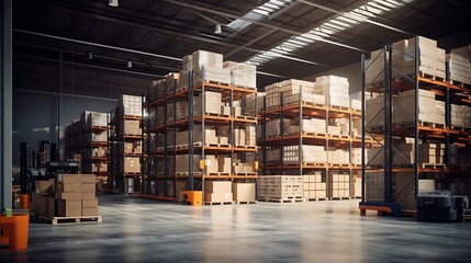 Obraz premium warehouse interior with shelves, pallets and boxes : Generative AI