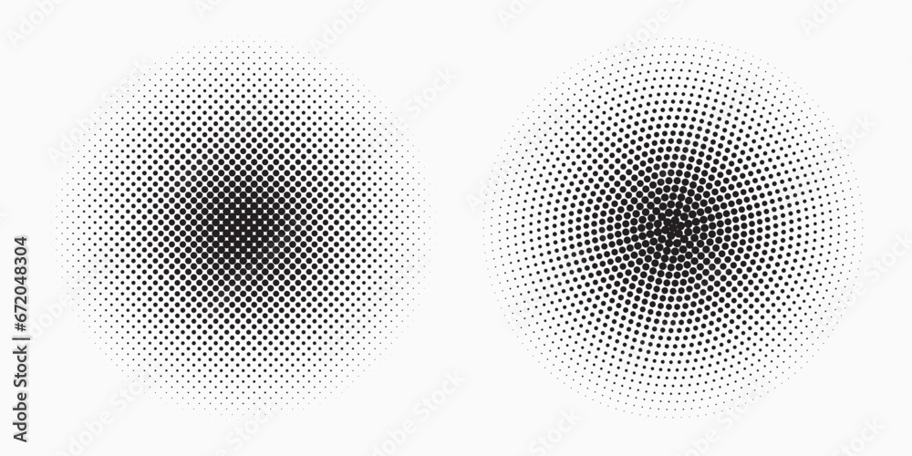 Poster Halftone circle frame background set. Round border Icon using halftone random circle. Grunge circular stain. Vector illustration.