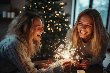 Obraz na płótnie Canvas Happy smiling friends enjoy christmas time