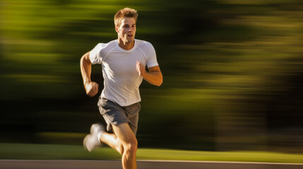 Obraz premium Man quickly running alone, observed through motion blur.