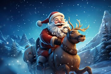 Two-dimensional illustration of Santa happily riding a reindeer at Christmas against the backdrop of snowy night landscapes.