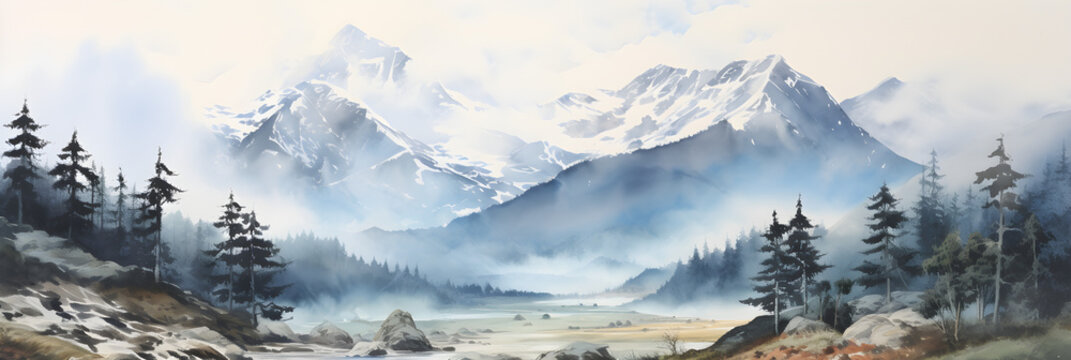watercolour painting of the mountain landscape, a picturesque highland environment in soft natural harmonious colours