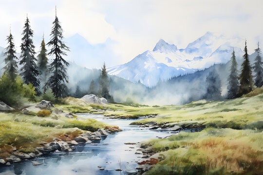 watercolour painting of the mountain landscape, a picturesque highland environment in soft natural harmonious colours