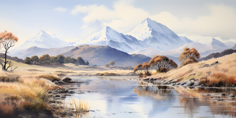watercolour painting of the mountain landscape, a picturesque highland environment in soft natural harmonious colours - obrazy, fototapety, plakaty