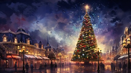 Illustration of a majestic Christmas tree in a town square, glowing with lights and ornaments