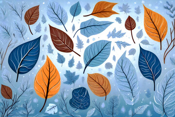 Illustration of frozen leaves. Winter pattern. Design background