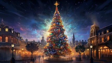 Fototapeta na wymiar Illustration of a majestic Christmas tree in a town square, glowing with lights and ornaments