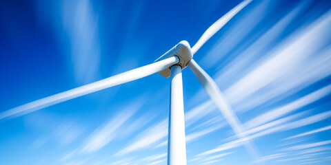 Single wind turbine in high-speed rotation with motion blur.