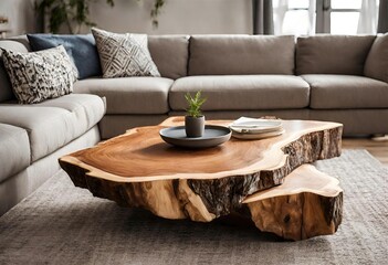 Modern Living Room Interior Wooden Coffee Table Close Up Live Edge Coffee Table