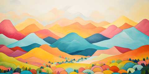 colourful cute and simple painting of the mountain landscape, a picturesque highland environment in bright vivid colours