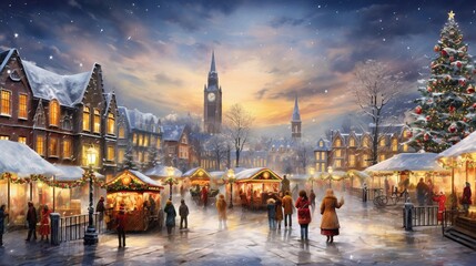 Mixed media collage of a lively Christmas market in a bustling town square with colorful lights and festive stalls