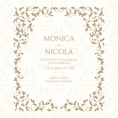 Wedding invitation. Card template with floral frame. Classic design page. 