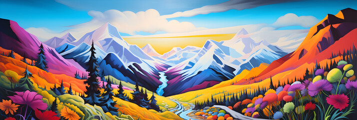 colourful cartoon style painting of the mountain landscape, a picturesque highland environment in bright bold colours