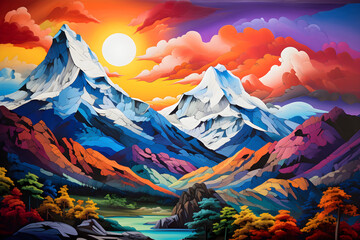 colourful cartoon style painting of the mountain landscape, a picturesque highland environment in bright bold colours - obrazy, fototapety, plakaty
