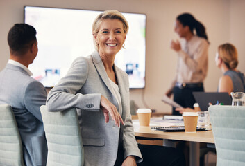 Business woman, portrait or leadership in office boardroom meeting, marketing workshop or advertising training goal. Smile, happy or mature corporate ceo in teamwork collaboration or review