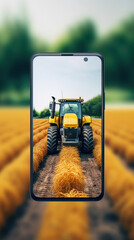 smart farming concept, tractor on a smartphone screen