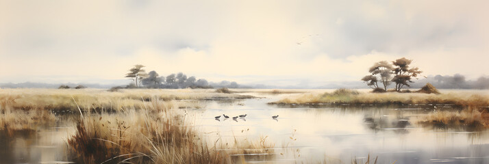 watercolour painting of the marsh landscape, a picturesque wetland environment in soft natural harmonious colours - obrazy, fototapety, plakaty