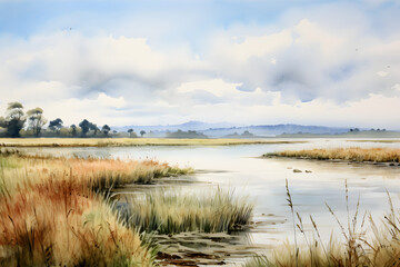 watercolour painting of the marsh landscape, a picturesque wetland environment in soft natural harmonious colours