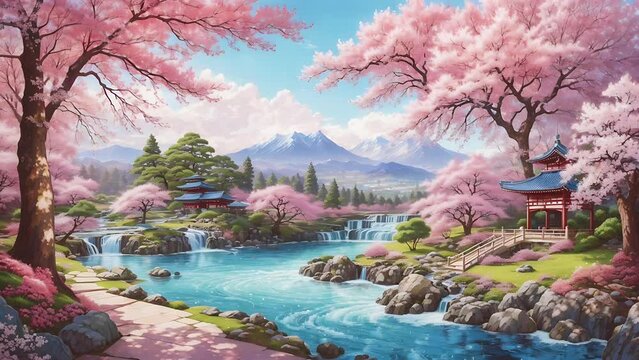 beautiful fantasy landscape of pink sakura forest with flowing river
