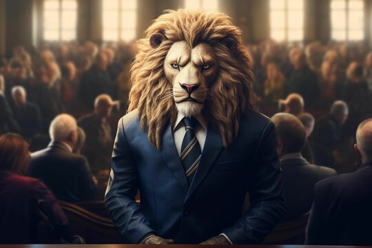 AI generated illustration of a confident lion wearing a smart suit in a grand courtroom