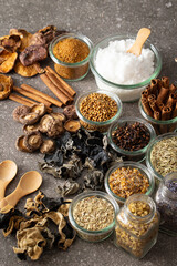 Various spices, dried mushrooms, salt and pepper