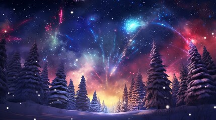 Christmas night in a magical winter forest with colorful fireworks and snowflakes, 3d rendering
