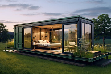  The outer appearance of a tiny container house, with grass lawn