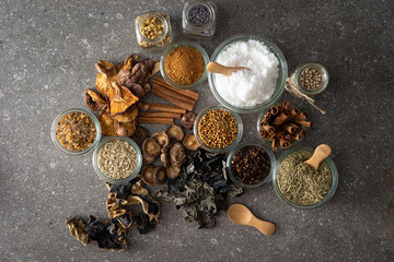 Various spices, dried mushrooms, salt and peppe