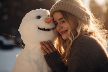 Girl kisses and hugs a christmas snowman of winter. Happy woman plaing with a snowman on a snowy winter walk. - obrazy, fototapety, plakaty