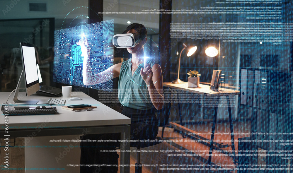 Leinwandbilder woman, hands and night with vr headset, hologram graphic or web design planning for global cybersecu