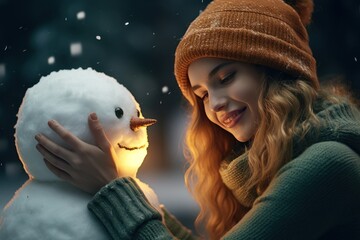 Girl kisses and hugs a christmas snowman of winter. Happy woman plaing with a snowman on a snowy winter walk. - obrazy, fototapety, plakaty
