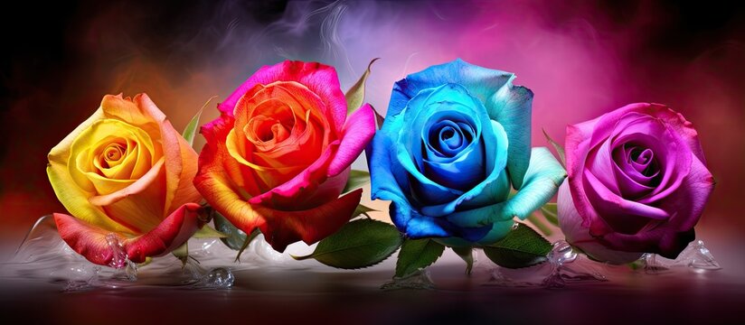 A vibrant and visually appealing display of roses with varying colors and hues creatively enhanced through photo manipulation Specifically a striking rose with a color splash effect showcas