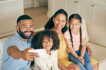 Family, home selfie and children with parents on social media, online memory and bond together on sofa. Happy biracial kids and girl or mother and father in profile picture or photography for holiday - Powered by Adobe