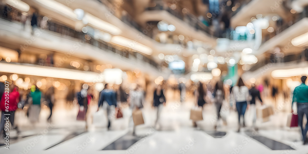 Wall mural Blurred background of a modern shopping mall with some shoppers. Abstract motion blurred shopping.