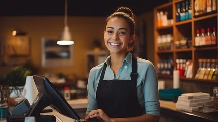 Fotobehang Smiling female cashier accepting payments.,generative ai © Suralai